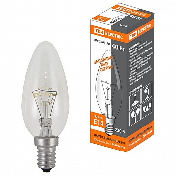 Лампа накаливания Свеча прозрачная 40 Вт-230 В-Е14 SQ0332-0009 TDM