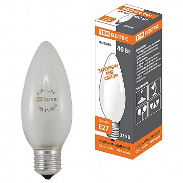 Лампа накаливания Свеча матовая 40 Вт-230 В-Е27 SQ0332-0018 TDM
