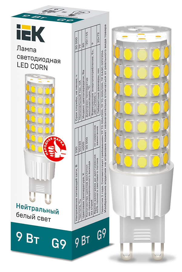 Лампа светодиодная CORN капсула 9Вт 230В 4000К керамика G9 LLE-CORN-9-230-40-G9 IEK