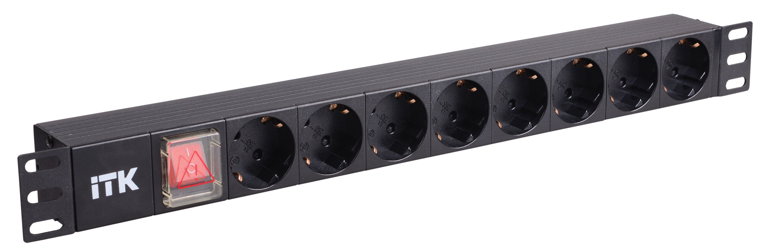 ITK PDU 8 розеток нем. стандарт, с LED выключателем, 1U, шнур 2м вилка нем. стандарт, алюминиевый профиль PH12-8D1 IEK