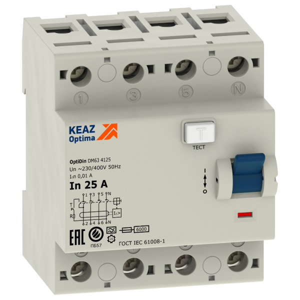 Выключатель дифференциальный (УЗО) OptiDin DМ63-4225-A-УХЛ4 (4P, 25, 30mA) 254301 КЭАЗ