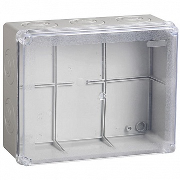 коробка КМ41277 распаячная для о/п 240х195х165 мм² IP44 (RAL7035, прозр. кр., кабельные вводы 5 шт) код. UKO10-240-195-165-K51-44 IEK