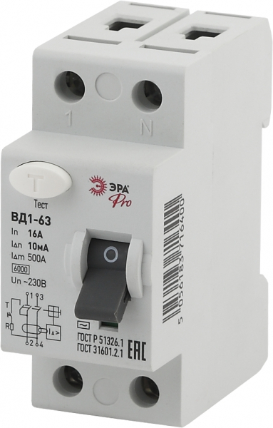УЗО эл-механическое Pro NO-902-65 ВД1-63 1P+N 16А 10мА Б0031904 ЭРА