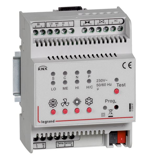 KNX. Контроллер управления фанкоилами ON-OFF (3 скорости вентилятора, 2 клапана ON-OFF, доп.бинарный вход). DIN 4 модуля 002697 Legrand