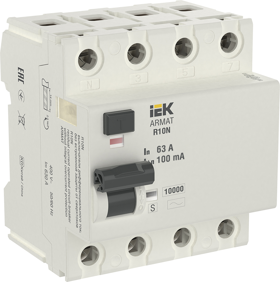 ARMAT Выключатель дифференциального тока R10N 4P 63А 100мА тип AC-S AR-R10N-4-063CS100 IEK