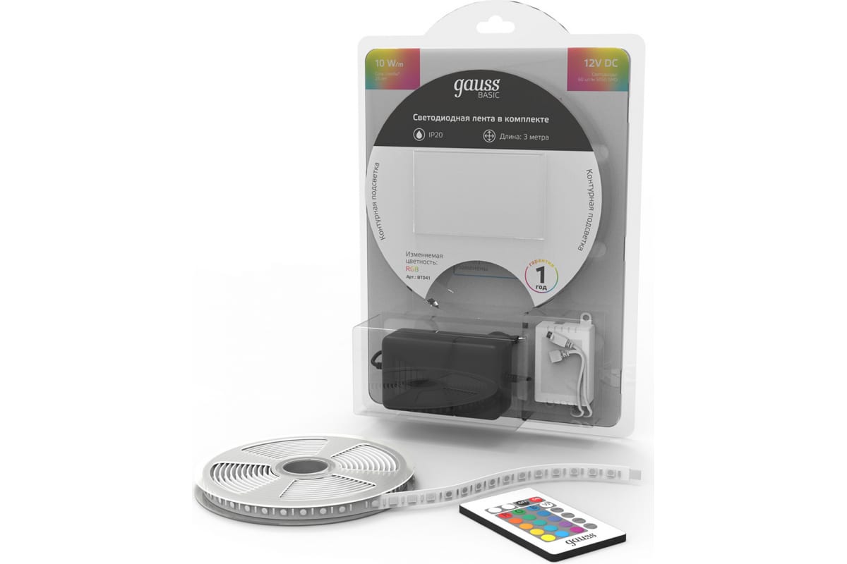 Лента светодиодная LED 10 Вт/м 700 Лм/м 5050-SMD 60 шт/м 12 В DC RGB RGB IP20 блистер (3 м ) (комплект) Basic BT041 Gauss