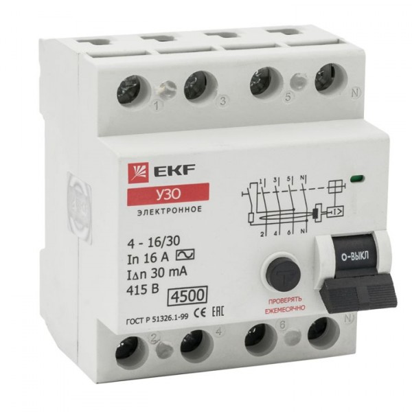 Устройство защитного отключения УЗО 4P 16А/30мА (электронное) elcb-4-16-30e EKF