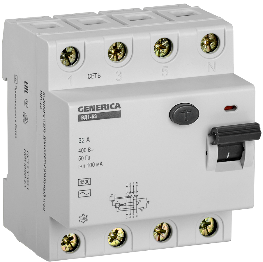 Выключатель дифференциальный (УЗО) ВД1-63 4Р 32А 100мА GENERICA MDV15-4-032-100 IEK