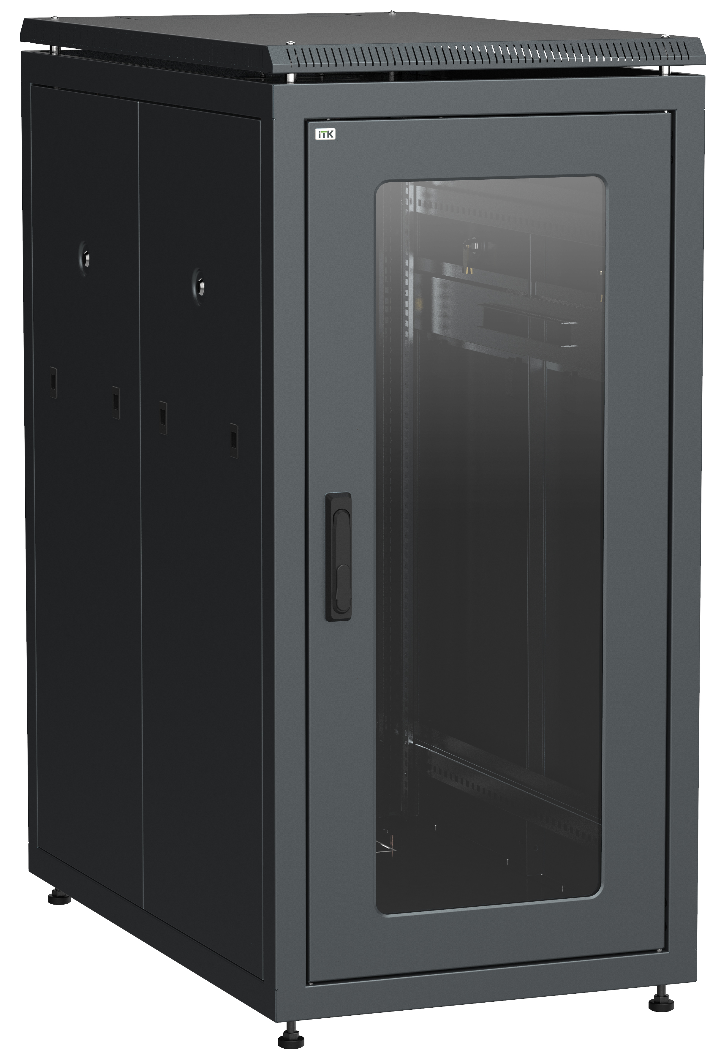 ITK LINEA N Шкаф напольный сетевой 19" 28U 800х1000мм стеклянная передняя дверь задняя перфорированная черный LN05-28U81-GP IEK