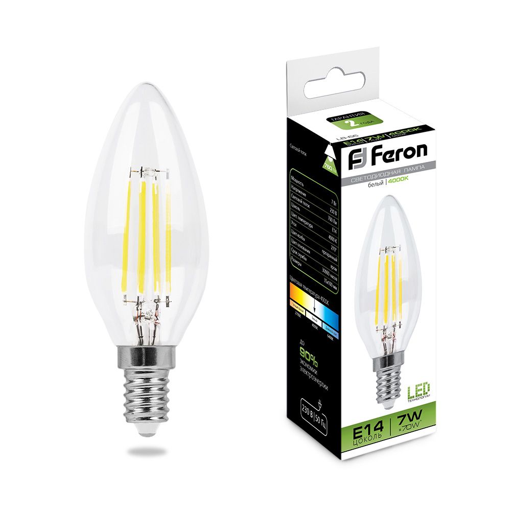 Лампа светодиодная LED 7вт Е14 теплый матовая свеча FILAMENT LB-66 FERON