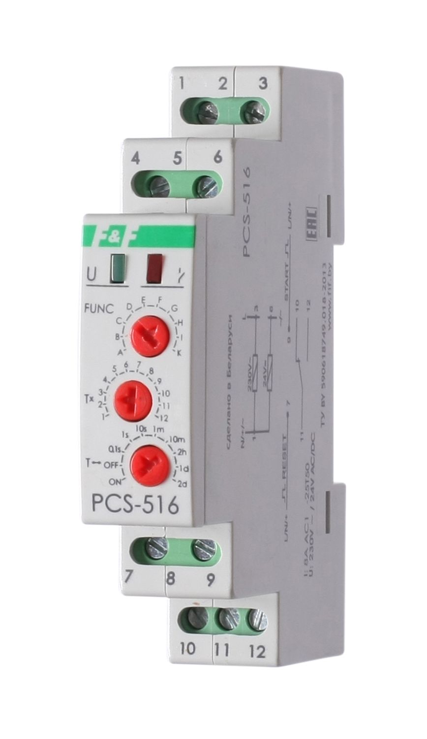 Реле времени PCS-516 (многофункц. (вход: START/RESET) 230В 8А 1перекл. IP20 монтаж на DIN-рейке)(аналог РВО-1М) F&F EA02.001.013